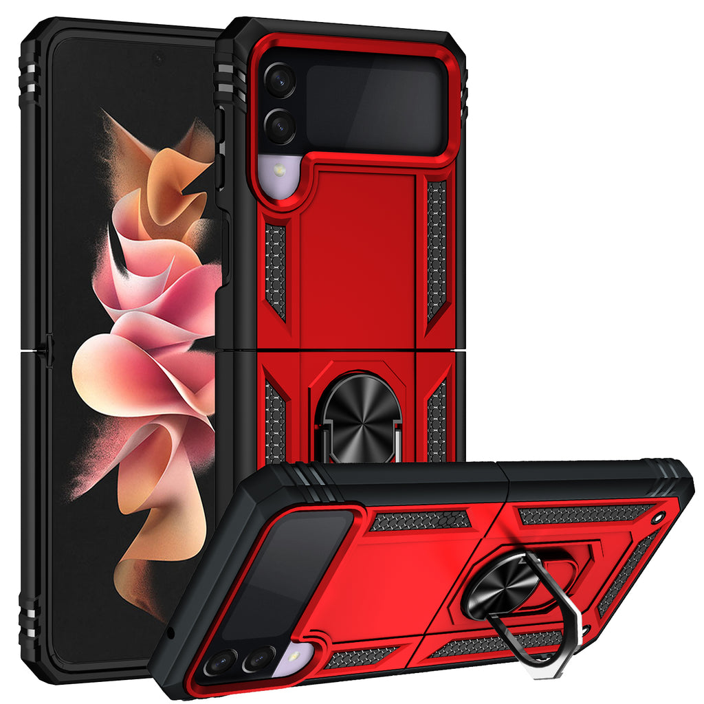 For Samsung Galaxy Z Flip 3 5G Hybrid Durable Dual Layer 360 Degree Rotatable Ring Stand Holder Kickstand Fit Magnetic Car Mount Red Phone Case Cover