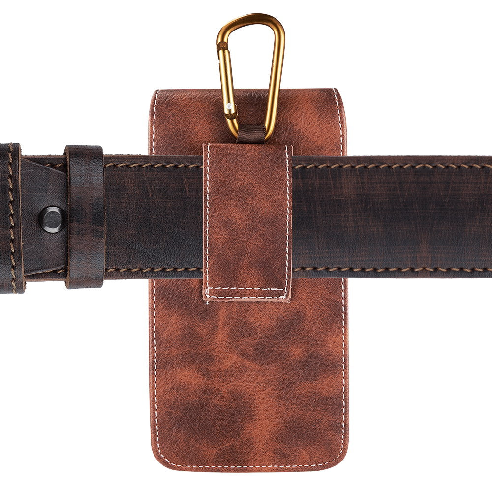 For Nokia C200 Universal Vertical Leather Case Holster with Credit Card Holder, Belt Loop & Carabiner Carrying Phone Pouch [Brown]