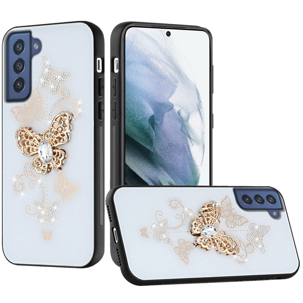 For Samsung Galaxy S21 Plus 3D Diamond Bling Sparkly Glitter Ornaments Engraving Hybrid Metal Fashion White Garden Butterflies Phone Case Cover
