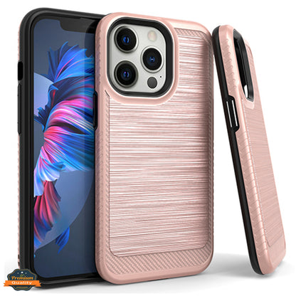 For Apple iPhone 14 (6.1") Armor Brushed Texture Rugged Carbon Fiber Design Shockproof Dual Layers Hard PC + TPU  Phone Case Cover