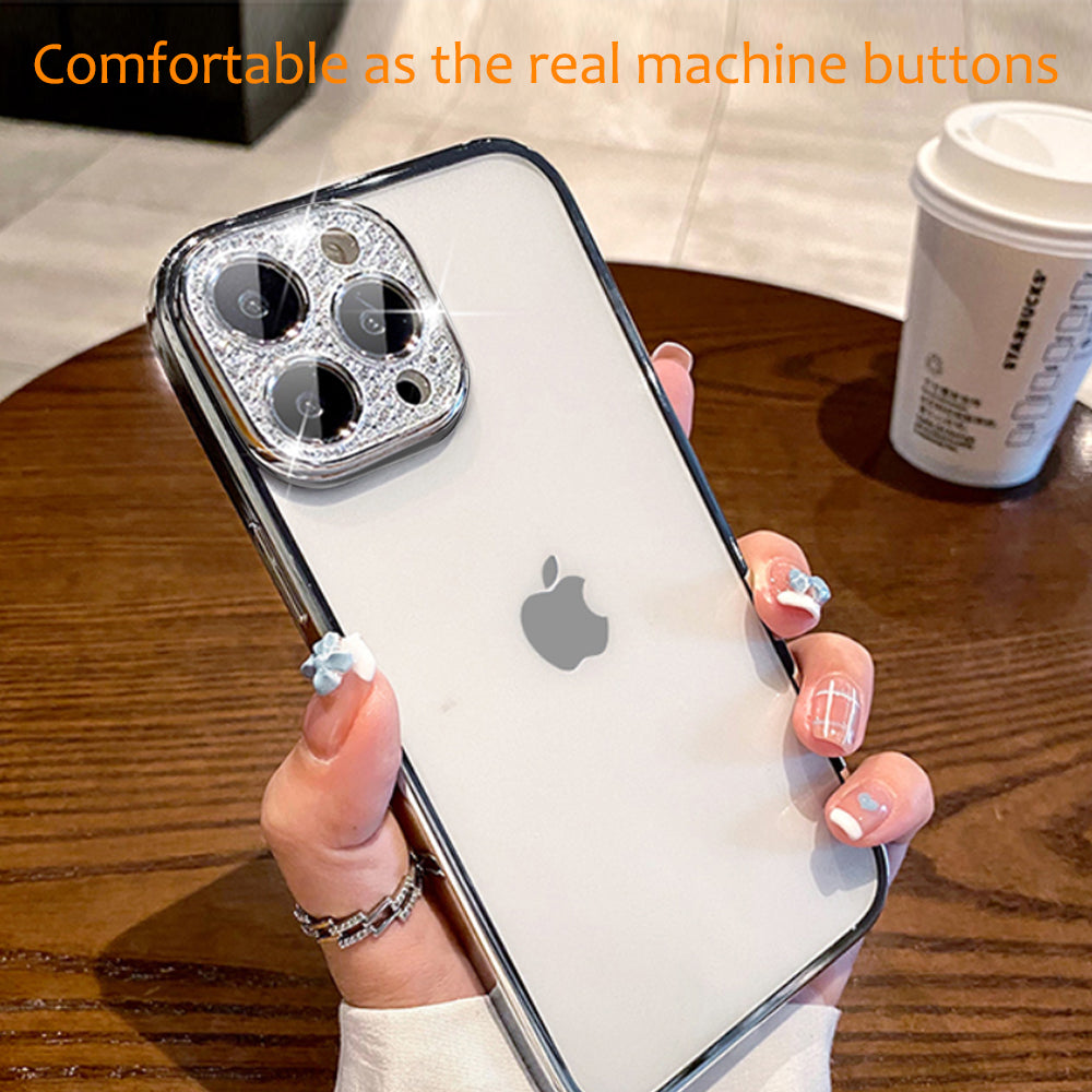 For Apple iPhone 14 /Plus Pro Max Clear Transparent with Color Frame & Diamond Bling Full Camera Lens Raised  Phone Case Cover