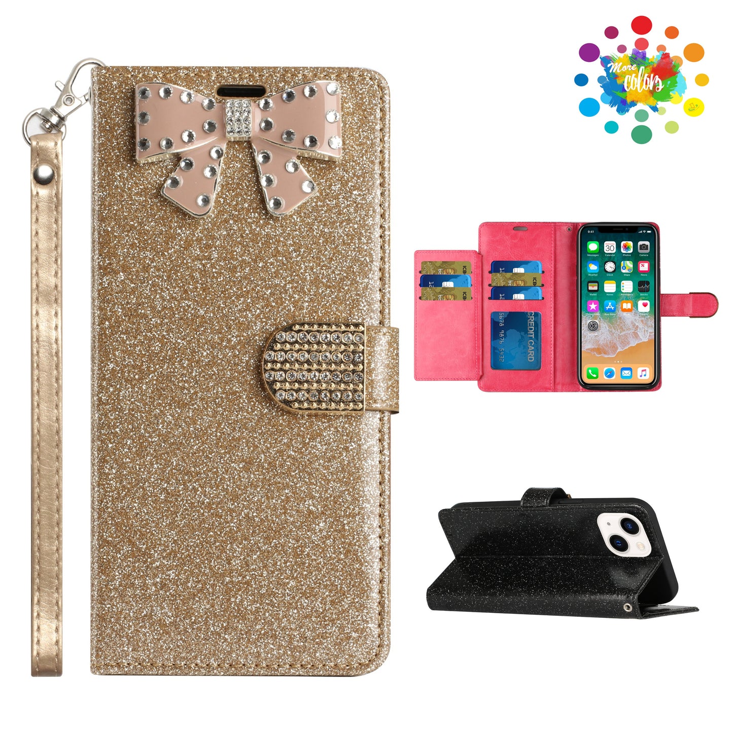 For Apple iPhone XR Wallet Bow Glitter Bling Ornament Shimmer with Credit Card Slot Pocket & Lanyard Strap  Phone Case Cover
