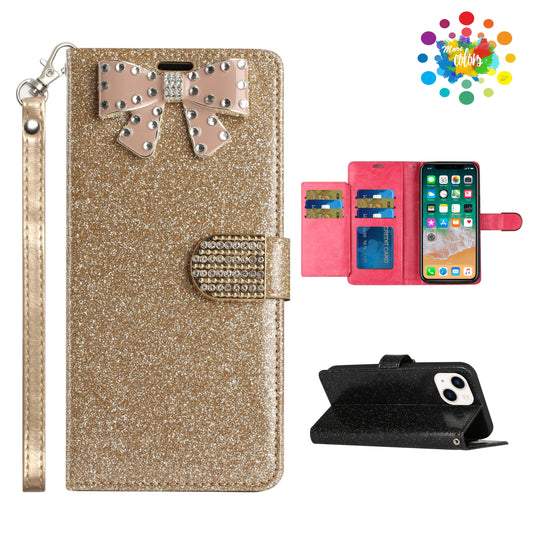 For Apple iPhone XR Wallet Bow Glitter Bling Ornament Shimmer with Credit Card Slot Pocket & Lanyard Strap  Phone Case Cover