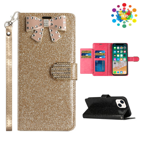 For Apple iPhone SE 3 (2022) SE/8/7 Wallet Bow Glitter Bling Ornament Shimmer with Credit Card Slot Pocket & Lanyard  Phone Case Cover