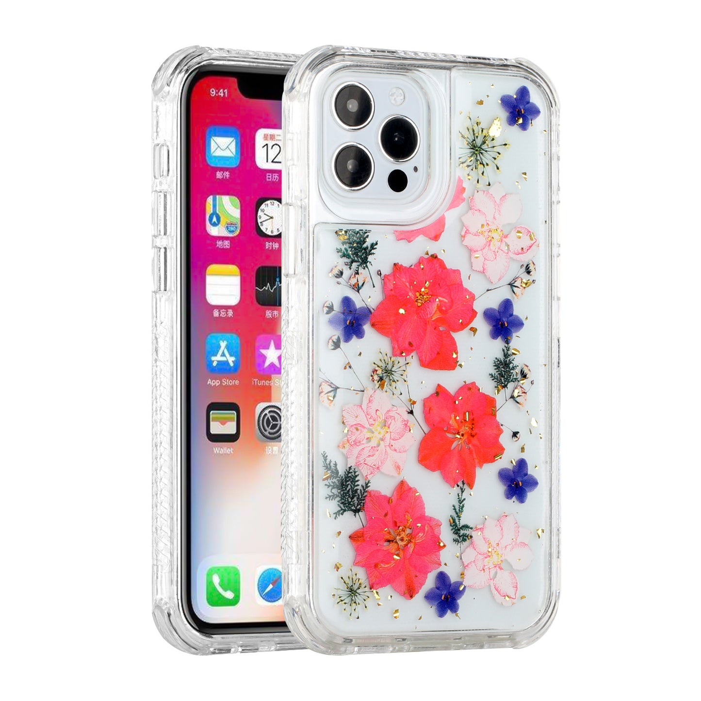 For Apple iPhone 14 Pro Max (6.7") Sparkle Glitter Floral Epoxy Design Shockproof Hybrid Fashion Bling Rubber  Phone Case Cover