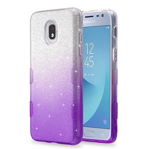 For Samsung Galaxy J3 (2018)/ Galaxy J3 Star/ Galaxy J3 Glitter Stylish Design Hybrid Rubber TPU Hard PC Shockproof Armor Rugged Purple Silver Phone Case Cover