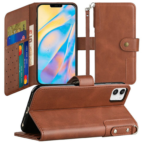 For Apple iPhone 8 Plus/7 Plus/6 6S Plus Wallet Case with Credit Card Holder, PU Leather Flip Pouch Kickstand & Strap Brown Phone Case Cover