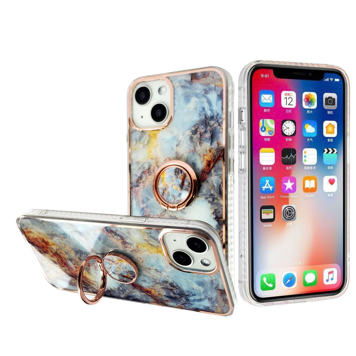 For Apple iPhone 14 Pro (6.1") Pattern Fashion Design Chromed Edge IMD with Ring Kickstand Hybrid TPU Hard Back  Phone Case Cover