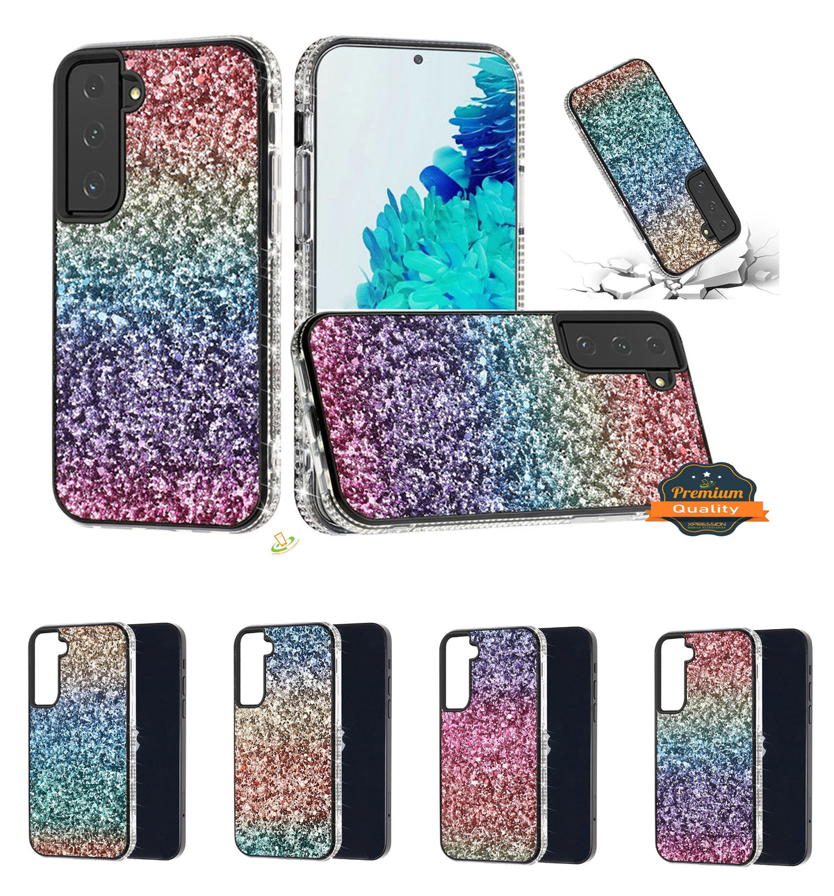 For Apple iPhone 14 /Plus Pro Max Rhinestone Sparkling Rainbow Gradual Glitter Full Diamonds Bling Hybrid Rugged  Phone Case Cover