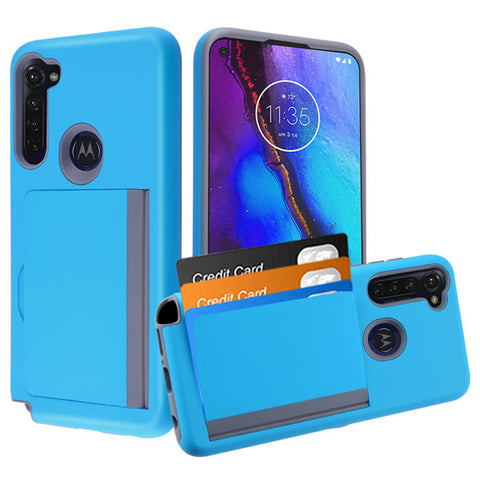 For Motorola Moto G Stylus (2020) Credit Card Wallet Back Storage Invisible Pocket Dual Layer Hard PC TPU Hybrid Blue Phone Case Cover