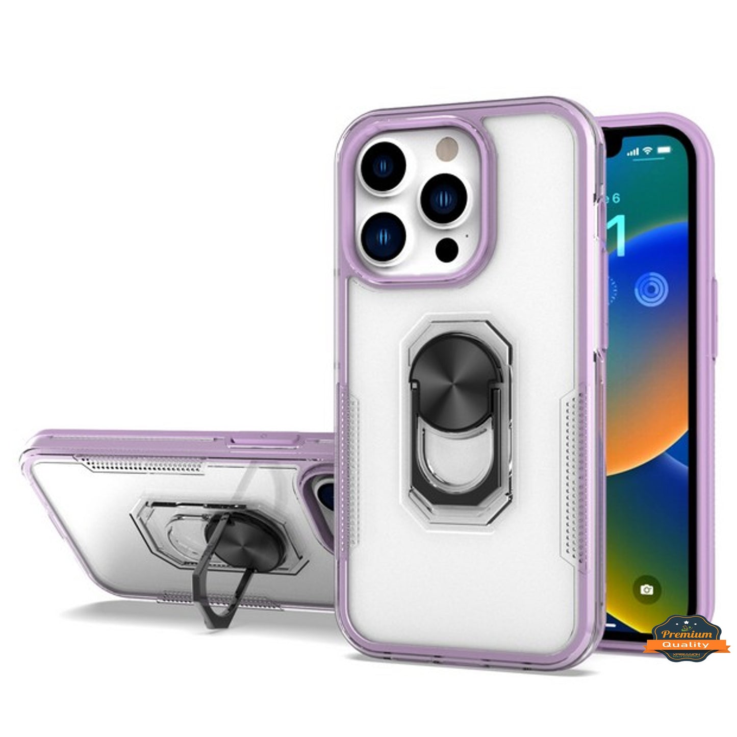 For Apple iPhone 14 /Plus Pro Max Transparent Hybrid PC Magnetic Ring Stand (Fit Car Mount) Detachable Frame  Phone Case Cover