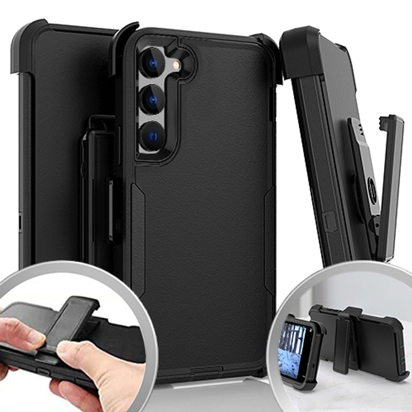 For Samsung Galaxy S23 Plus Heavy Duty Rugged Shockproof Body Protection Hybrid Kickstand with Swivel Belt Clip Holster Black Phone Case Cover