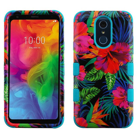 For LG Q7, LG Q7+ Floral Design Hybrid Three Layer Hard PC Shockproof Heavy Duty TPU Rubber Anti-Drop Hibiscus Tropical Flower Phone Case Cover