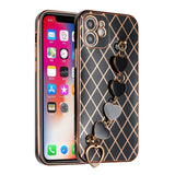 For Apple iPhone 11 (6.1") Electroplated Grid Diamond Lines with Hearts Chain Fashion Holder Hybrid Design TPU Hard PC  Phone Case Cover
