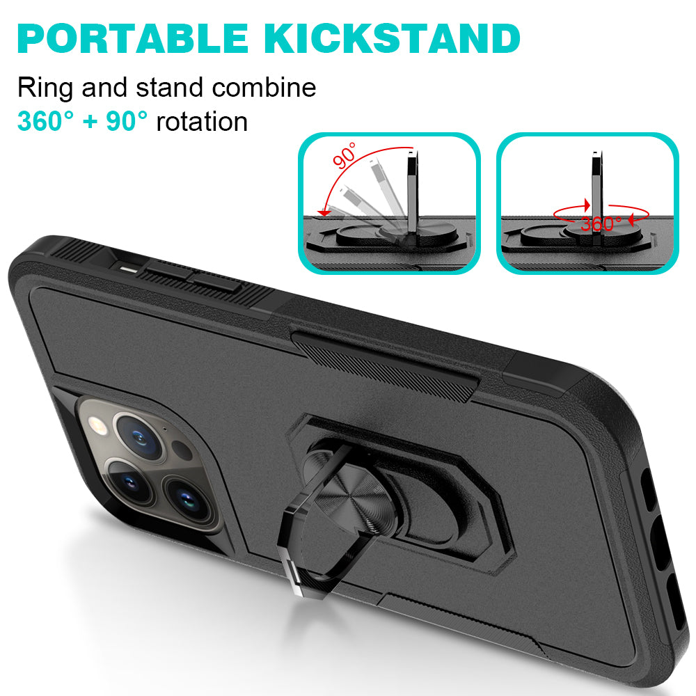 For Apple iPhone 14 (6.1") Hybrid Rugged Hard Drop-Proof 3 Layer Protection Military Grade Armor with Metal Ring Stand  Phone Case Cover
