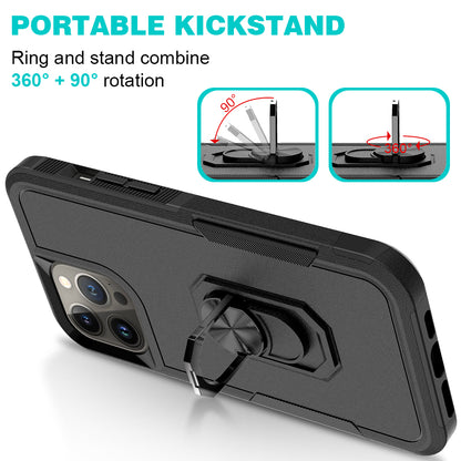 For Apple iPhone 14 (6.1") Hybrid Rugged Hard Drop-Proof 3 Layer Protection Military Grade Armor with Metal Ring Stand  Phone Case Cover