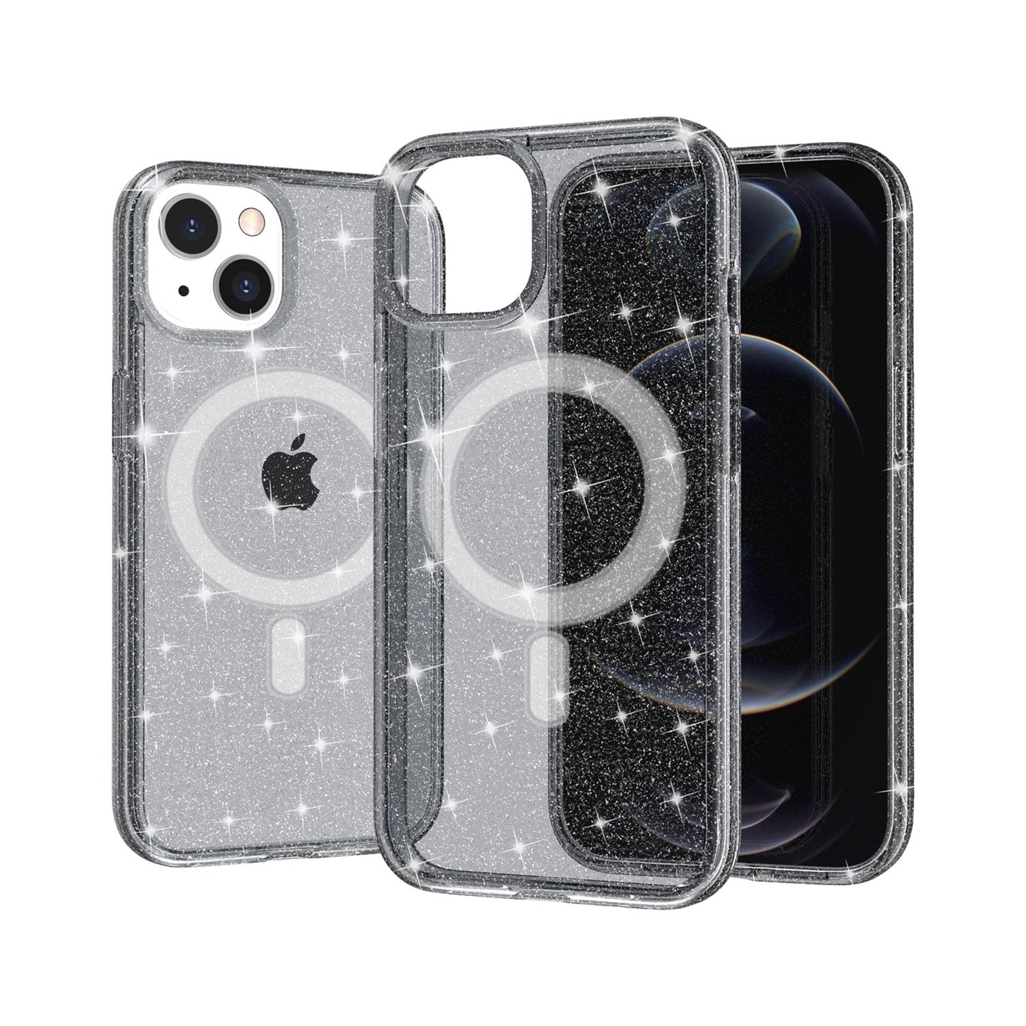 For Apple iPhone 14 Pro Max (6.7") MagSafe Compatible Glitter Shiny Sparkle Bling TPU Rubber Hard PC Back Hybrid Frame  Phone Case Cover