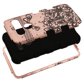 For LG V40 ThinQ Hybrid Three Layer Hard PC Shockproof Heavy Duty TPU Rubber Anti-Drop Rose Gold Lace Flowers Phone Case Cover