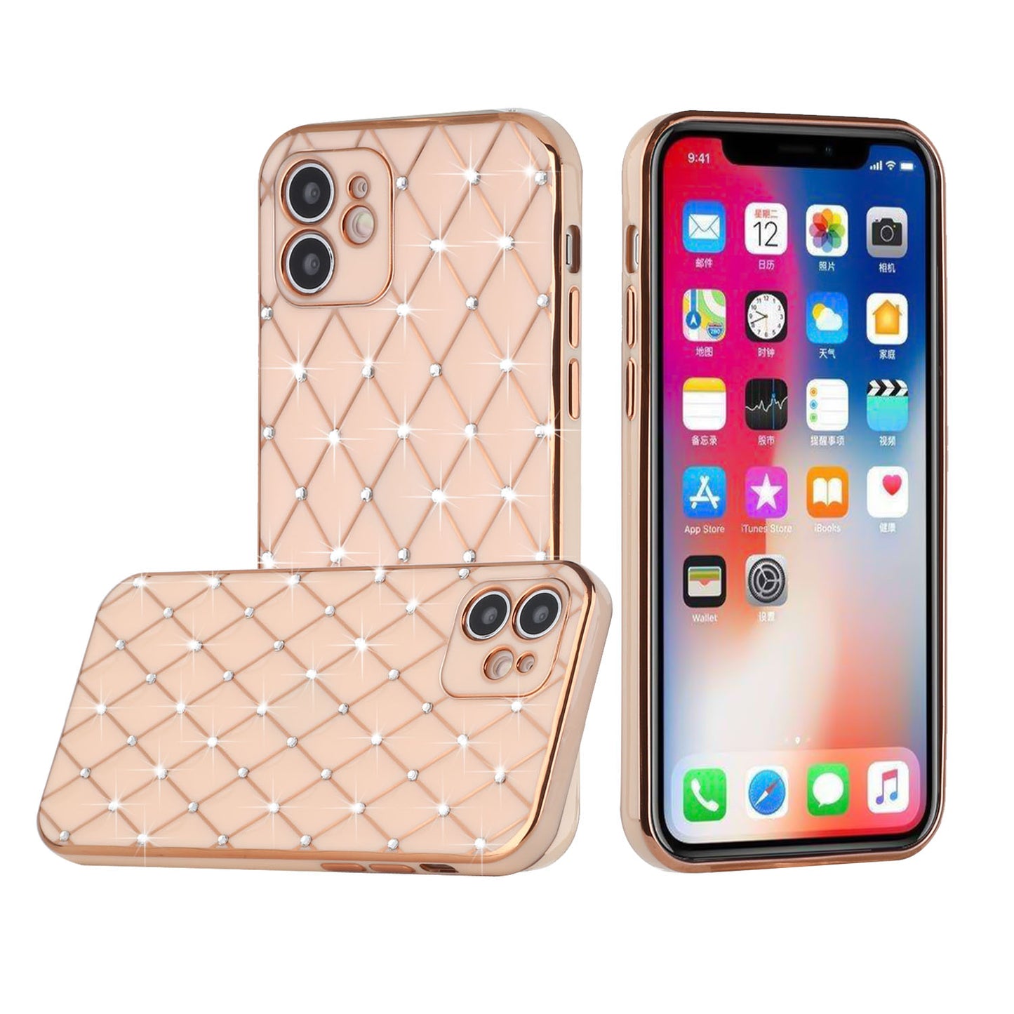 For Apple iPhone 14 Pro Max (6.7") Luxury Diamonds on Electroplated Grid Design Rhinestone Protective TPU Hard  Phone Case Cover