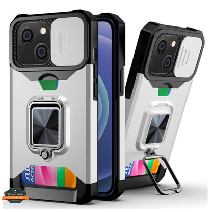 For Apple iPhone 13 /Pro /Mini Wallet Case Designed with Slide Camera Protection, Card Slot & Ring Kickstand Magnetic Car Mount  Phone Case Cover