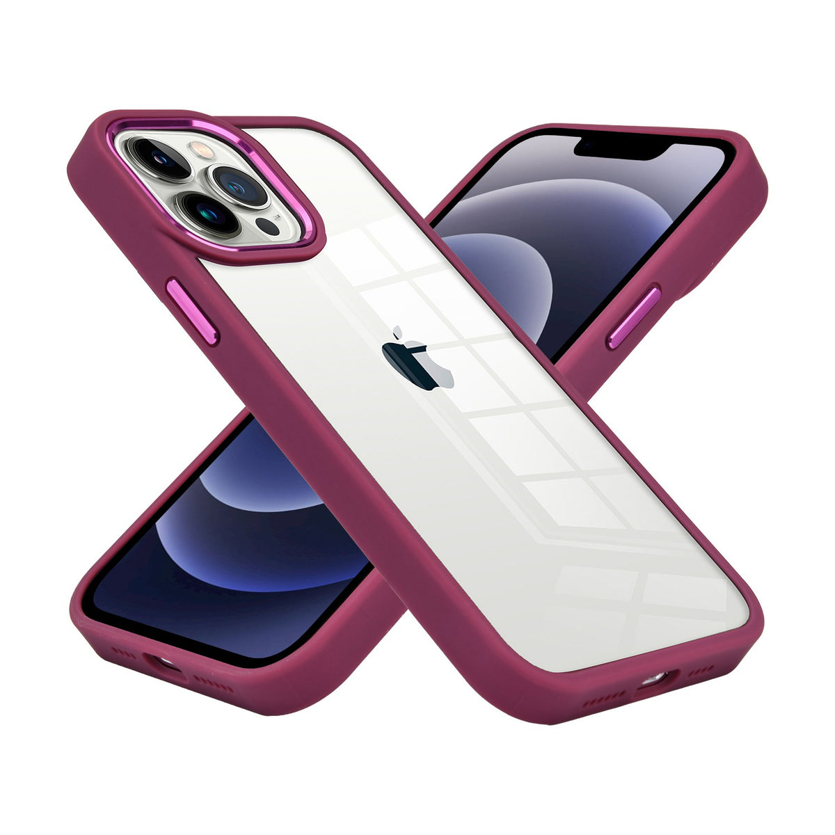 For Apple iPhone 14 (6.1") Slim Fit Hybrid Transparent Thick Acrylic with Metal Buttons Frame Protective  Phone Case Cover
