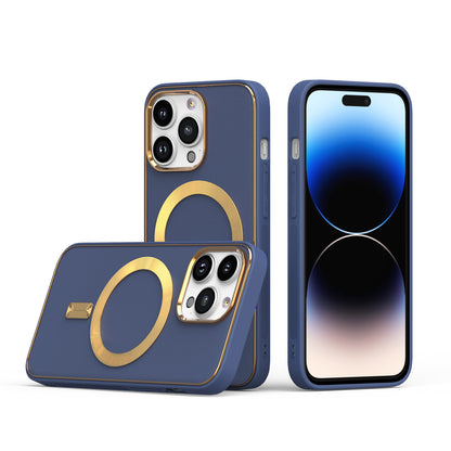 For Apple iPhone 14 Pro Max (6.7") Ultimate PU Leather Hybrid with MagSafe Compatible Bumper Gold Frame Protection  Phone Case Cover