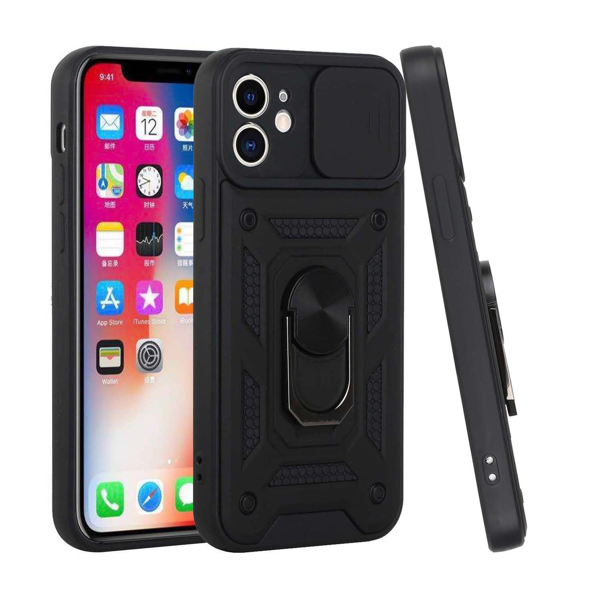 For Apple iPhone 14 Pro (6.1") Hybrid Cases with Slide Camera Lens Cover, Ring Holder Kickstand Rugged Dual Layer  Phone Case Cover