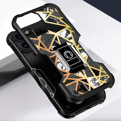 For Apple iPhone 13 Pro Max (6.7") Marble IMD Stone Design Hybrid Armor Magnetic Ring Stand Kickstand Heavy Duty  Phone Case Cover