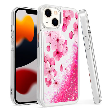 For Apple iPhone 14 Pro (6.1") Floral Design Quicksand Water Flowing Liquid Floating Sparkle Colorful Hybrid  Phone Case Cover
