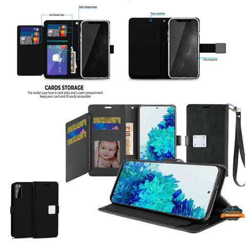 For Motorola Moto Edge 2022 Wallet Case PU Leather Credit Card ID Cash Holder Slot Dual Flip Pouch with Stand and Strap Black Phone Case Cover