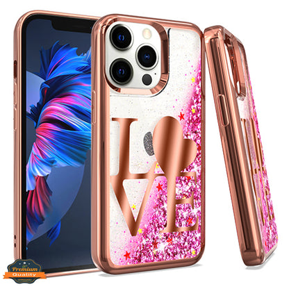 For Apple iPhone 14 (6.1") Quicksand Liquid Glitter Bling Flowing Sparkle Fashion Hybrid TPU and Chrome Plating Hard  Phone Case Cover