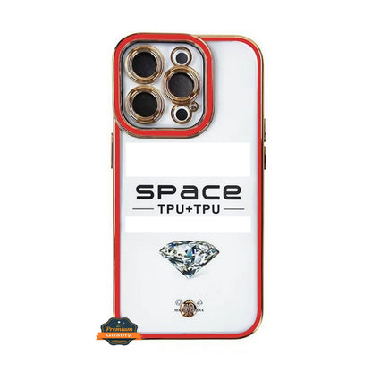 For Apple iPhone 14 /Plus Pro Max Golden Chrome Frame Transparent Hybrid with Lens Protector Shockproof PC Bumper  Phone Case Cover