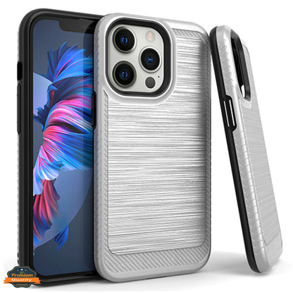 For Apple iPhone 14 (6.1") Armor Brushed Texture Rugged Carbon Fiber Design Shockproof Dual Layers Hard PC + TPU  Phone Case Cover