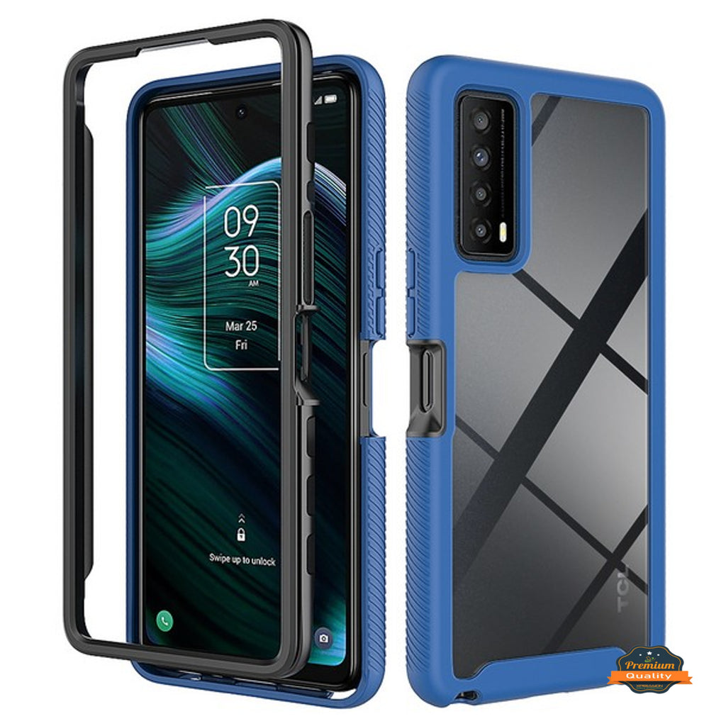 For TCL Stylus 5G Full Body Frame Armor Slim Hybrid Double Layer Hard PC + TPU Transparent Back Rugged Shockproof Clear / Blue Phone Case Cover