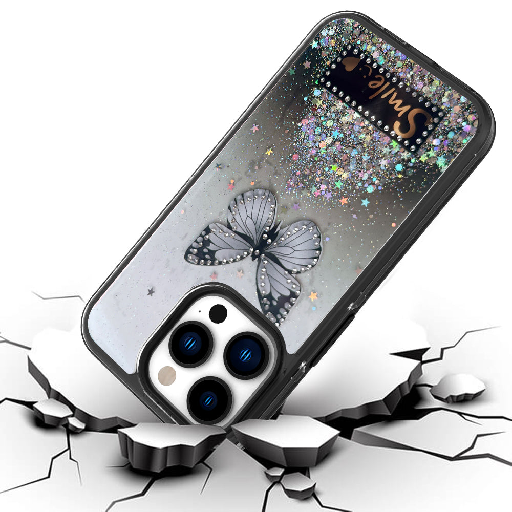 For Apple iPhone 14 /Plus Pro Max Butterfly Smile Glitter Bling Sparkle Epoxy Glittering Shining Hybrid Hard PC TPU Slim  Phone Case Cover