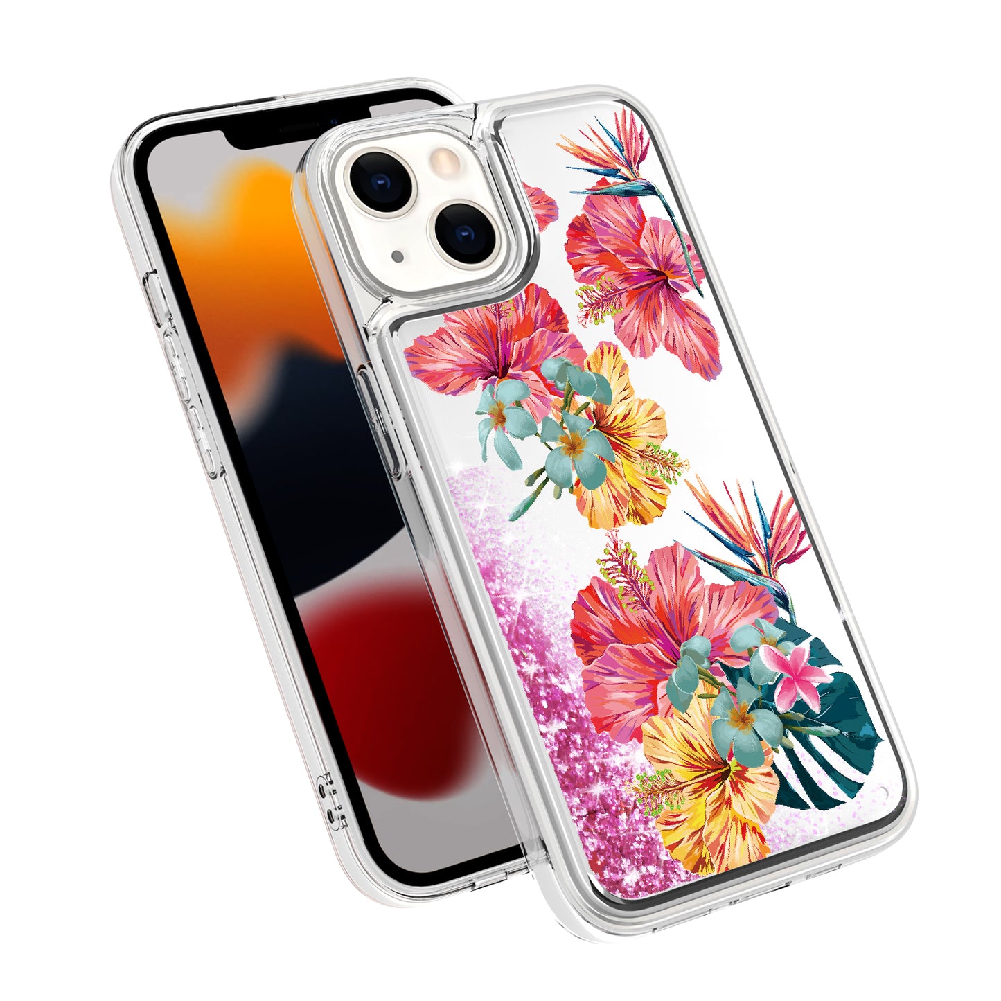 For Apple iPhone 14 Pro (6.1") Floral Design Quicksand Water Flowing Liquid Floating Sparkle Colorful Hybrid  Phone Case Cover