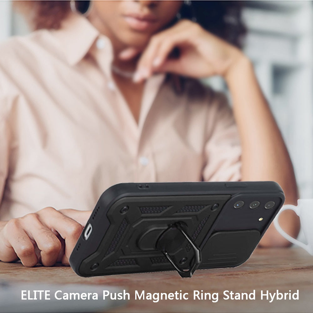 For Apple iPhone 14 Pro (6.1") Hybrid Cases with Slide Camera Lens Cover, Ring Holder Kickstand Rugged Dual Layer  Phone Case Cover
