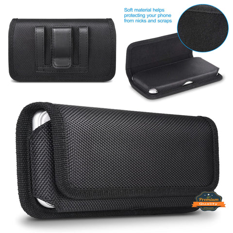 Universal Large Horizontal Belt Clip Holster Rugged Canvas Nylon Fabric Pouch Phone Holder Cover [Elastic Side] with Belt Clip & Loops (Holds Phone Up To 6.3 Inch) Universal Standard Black