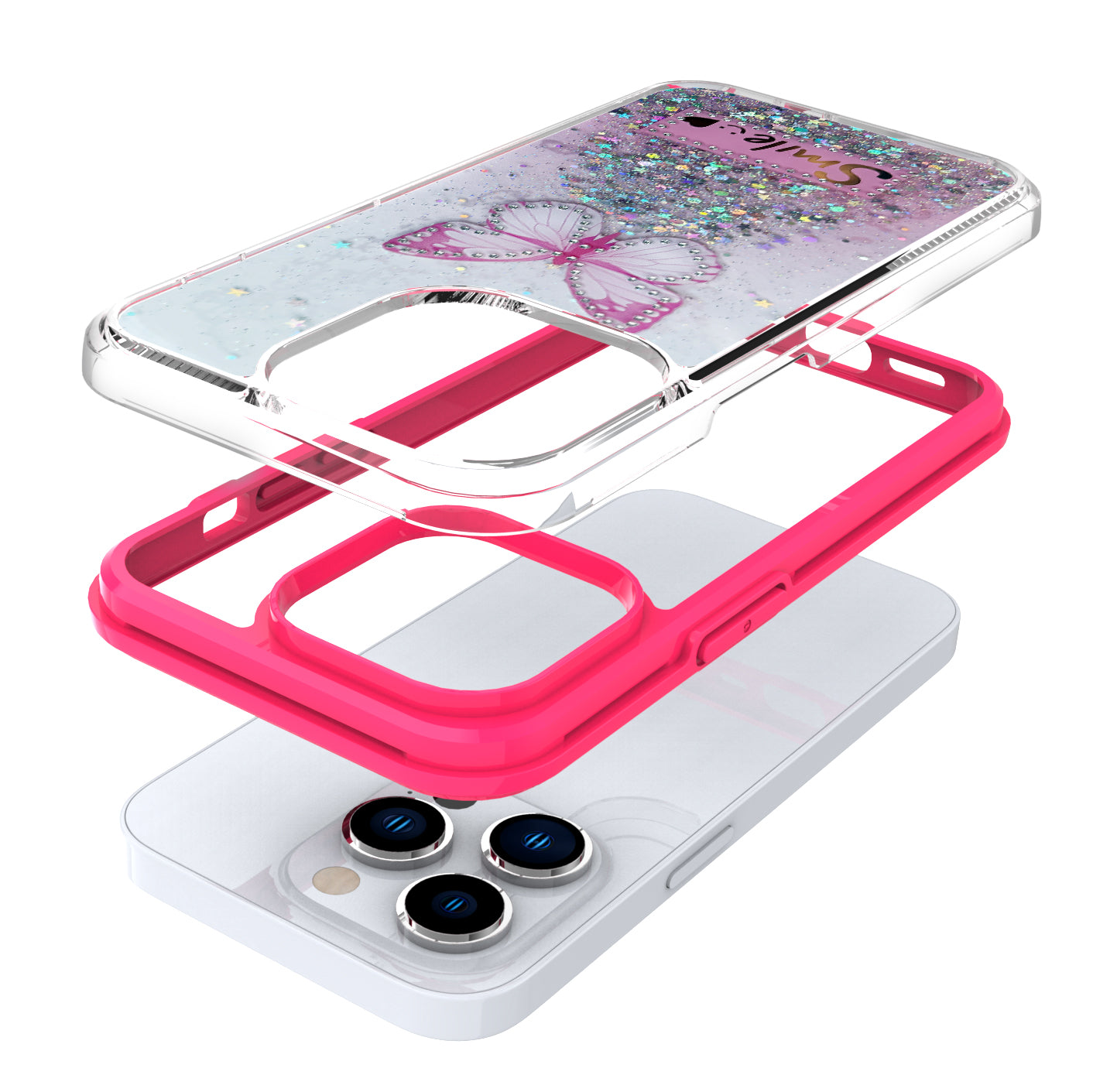 For Apple iPhone 13 /Pro Max Butterfly Smile Glitter Bling Sparkle Epoxy Glittering Shining Hybrid Hard PC TPU Silicone Slim  Phone Case Cover