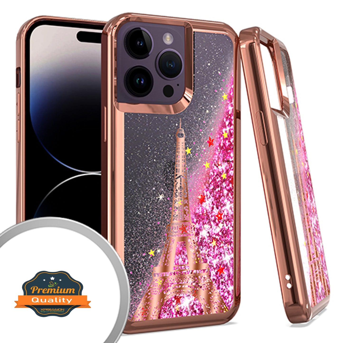 For Apple iPhone 14 (6.1") Quicksand Liquid Glitter Bling Flowing Sparkle Fashion Hybrid TPU and Chrome Plating Hard  Phone Case Cover