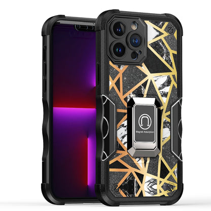 For Apple iPhone 14 Pro Max (6.7") Marble IMD Stone Design Hybrid Magnetic Ring Stand Kickstand Heavy Duty Rugged  Phone Case Cover