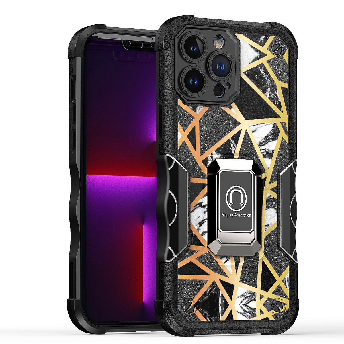 For iPhone 14 Pro (6.1") Marble IMD Stone Design Hybrid Armor Magnetic Ring Stand Kickstand Heavy Duty Rugged  Phone Case Cover
