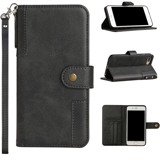For Apple iPhone 8 Plus/7 Plus/6 6S Plus Wallet Case with Credit Card Holder, PU Leather Flip Pouch Kickstand & Strap TPU Black Phone Case Cover