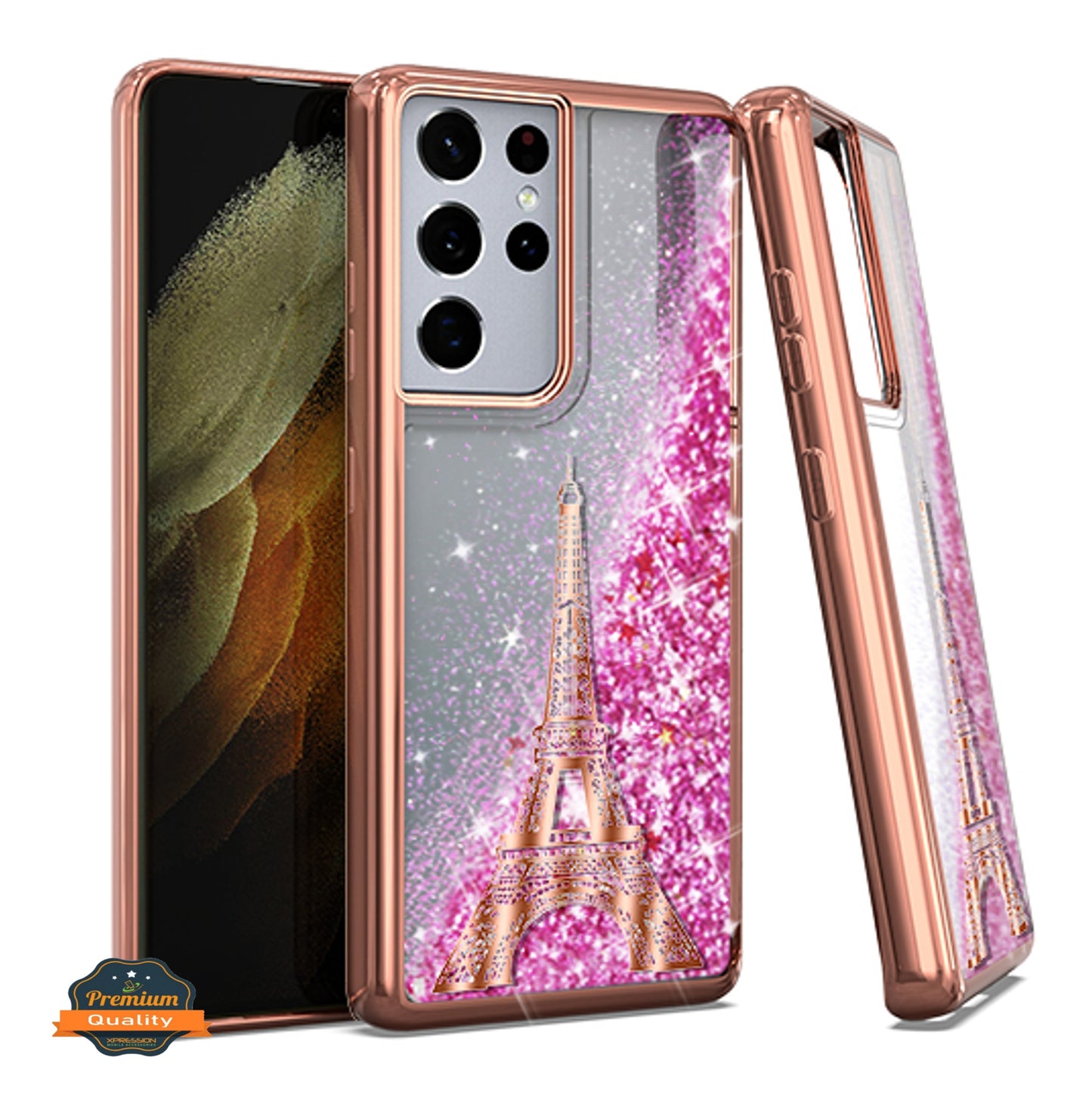 For Motorola Moto G 5G 2022 Quicksand Liquid Glitter Bling Flowing Sparkle Hybrid TPU Chrome Plating Rubber Hard PC Paris Eiffel Tower Phone Case Cover