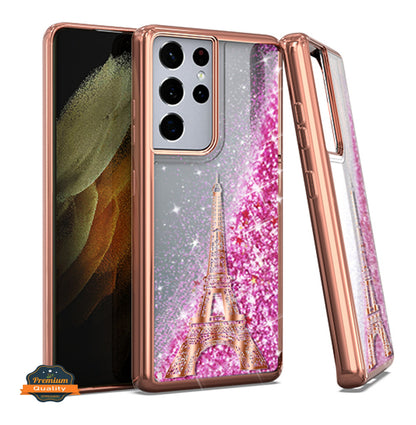 For Motorola Moto G 5G 2022 Quicksand Liquid Glitter Bling Flowing Sparkle Hybrid TPU Chrome Plating Rubber Hard PC Paris Eiffel Tower Phone Case Cover