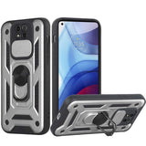 For Motorola Moto G Play 2021 Hybrid Cases with Slide Camera Lens Cover and Ring Holder Kickstand Rugged Dual Layer Heavy Duty Silver Phone Case Cover