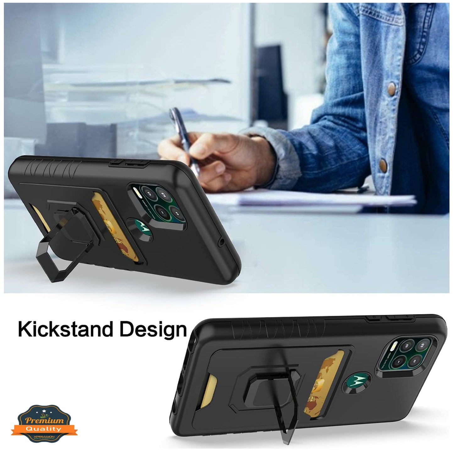 For Apple iPhone 14 (6.1") Wallet Credit Card Slot Holder with Metal Ring Kickstand Hybrid Dual Layer Magnetic Stand  Phone Case Cover