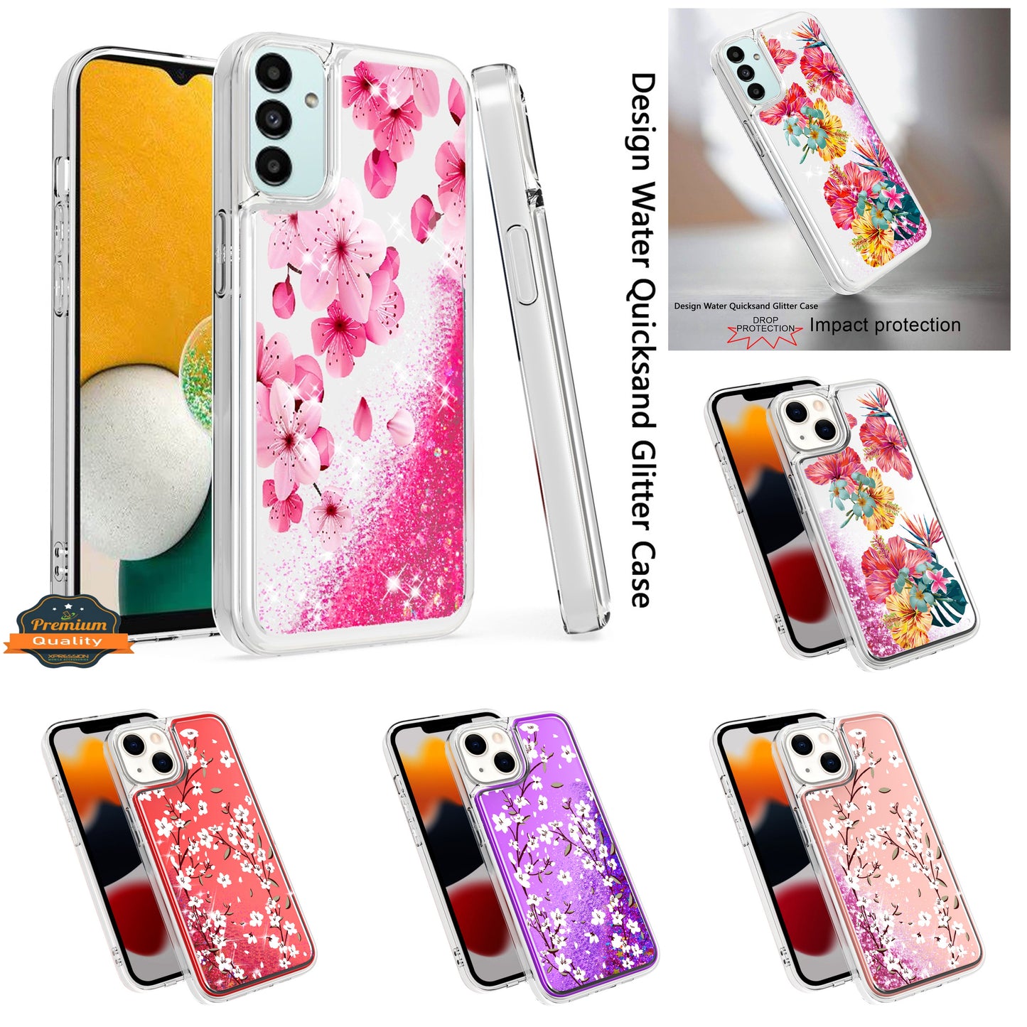For Apple iPhone 14 Pro (6.1") Floral Design Quicksand Water Flowing Liquid Floating Sparkle Colorful Hybrid  Phone Case Cover