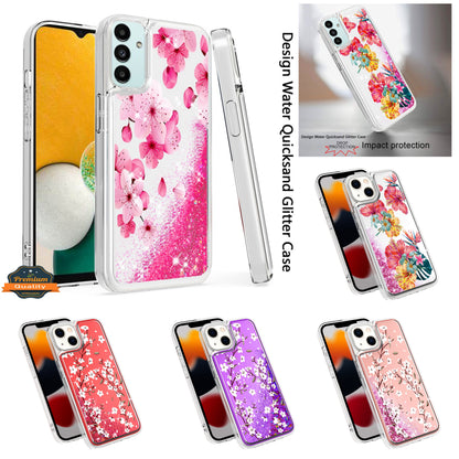 For Apple iPhone 14 Pro (6.1") Floral Design Quicksand Water Flowing Liquid Floating Sparkle Colorful Hybrid  Phone Case Cover