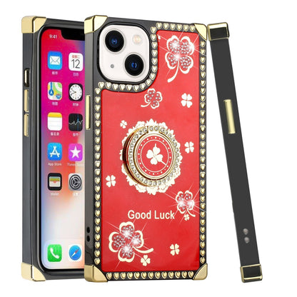 For Apple iPhone 13 (6.1") Fashion Art Square Hearts Diamond Bling Sparkly Glitter Ornaments with Ring Stand  Phone Case Cover